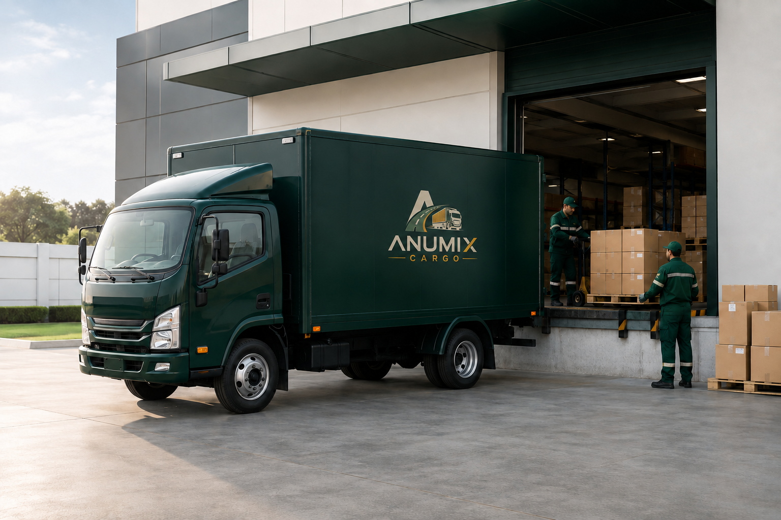 Modern ANUMIX box truck being loaded at a professional warehouse
