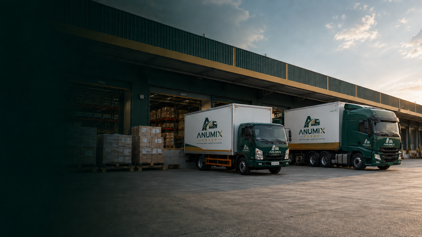 ANUMIX box truck and heavy cargo truck outside a logistics warehouse