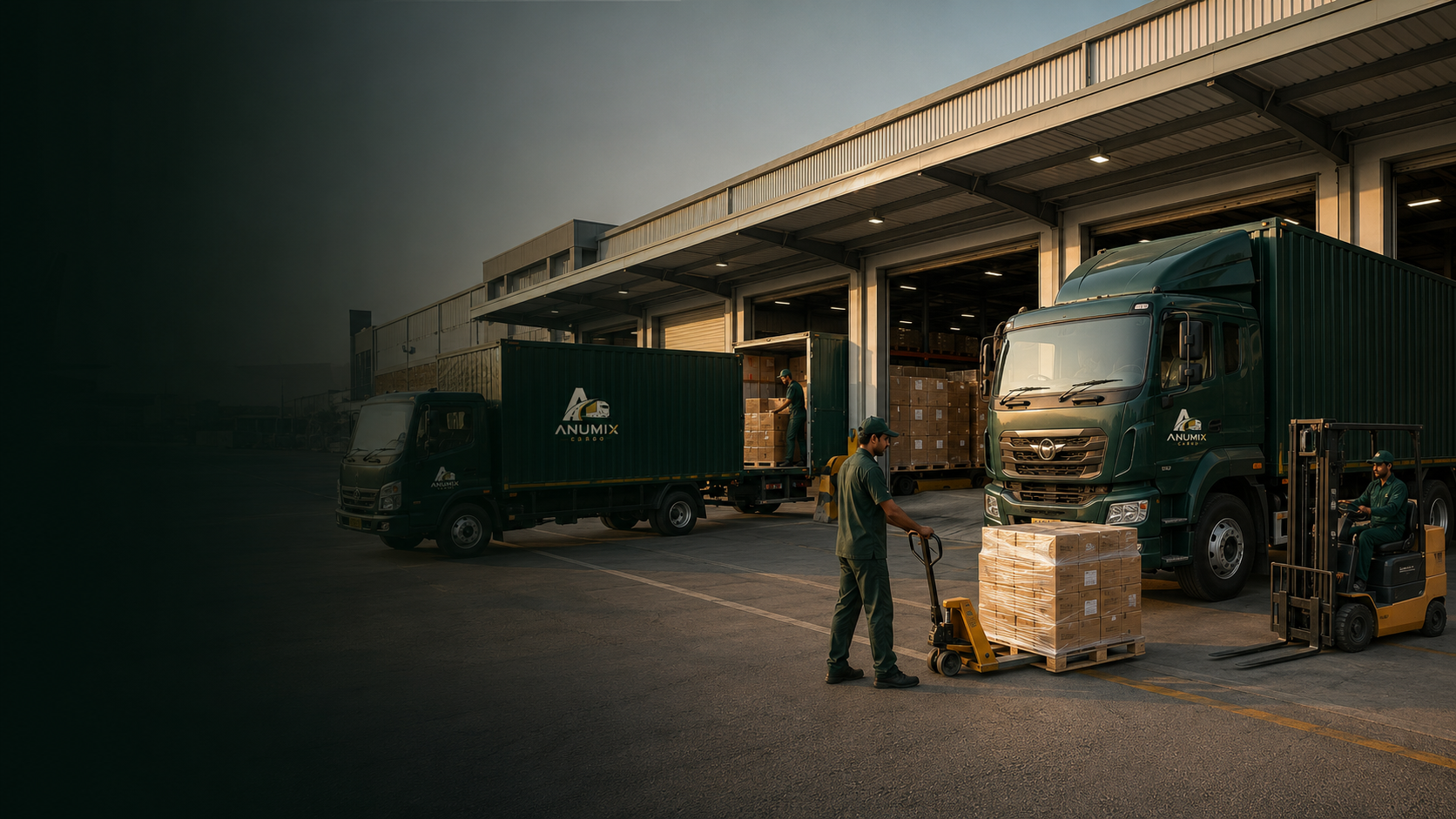 ANUMIX cargo trucks at an active logistics warehouse