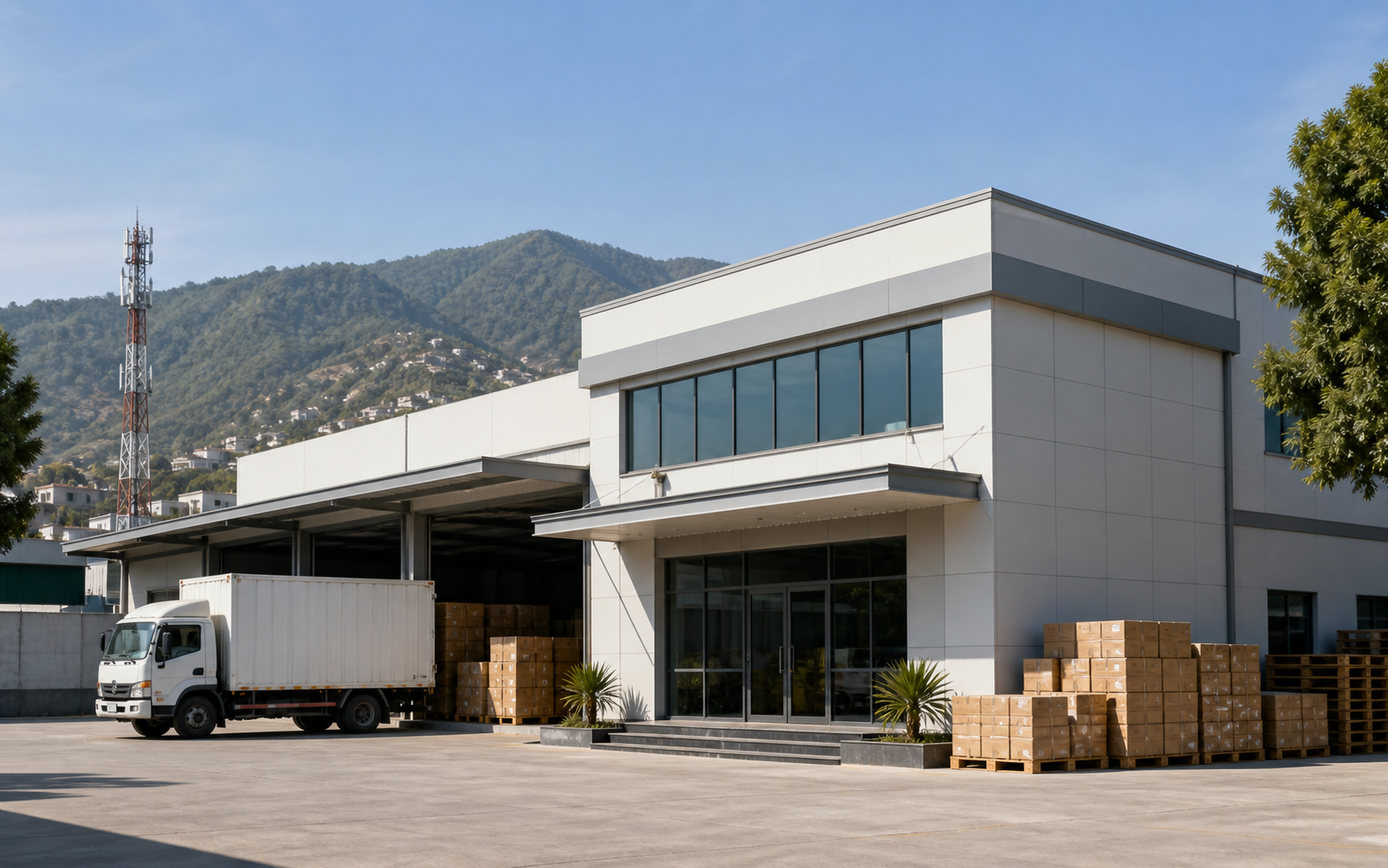Cargo office and truck against the Peshawar hills