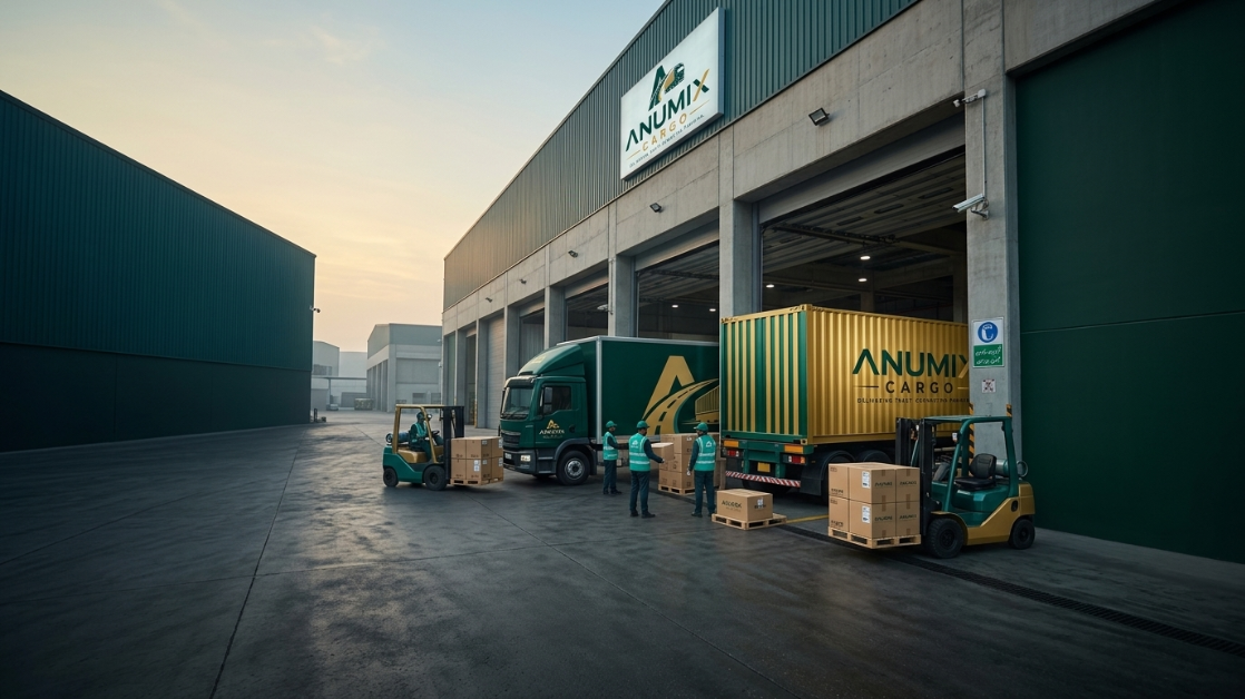 ANUMIX cargo warehouse with staff and loaded trucks