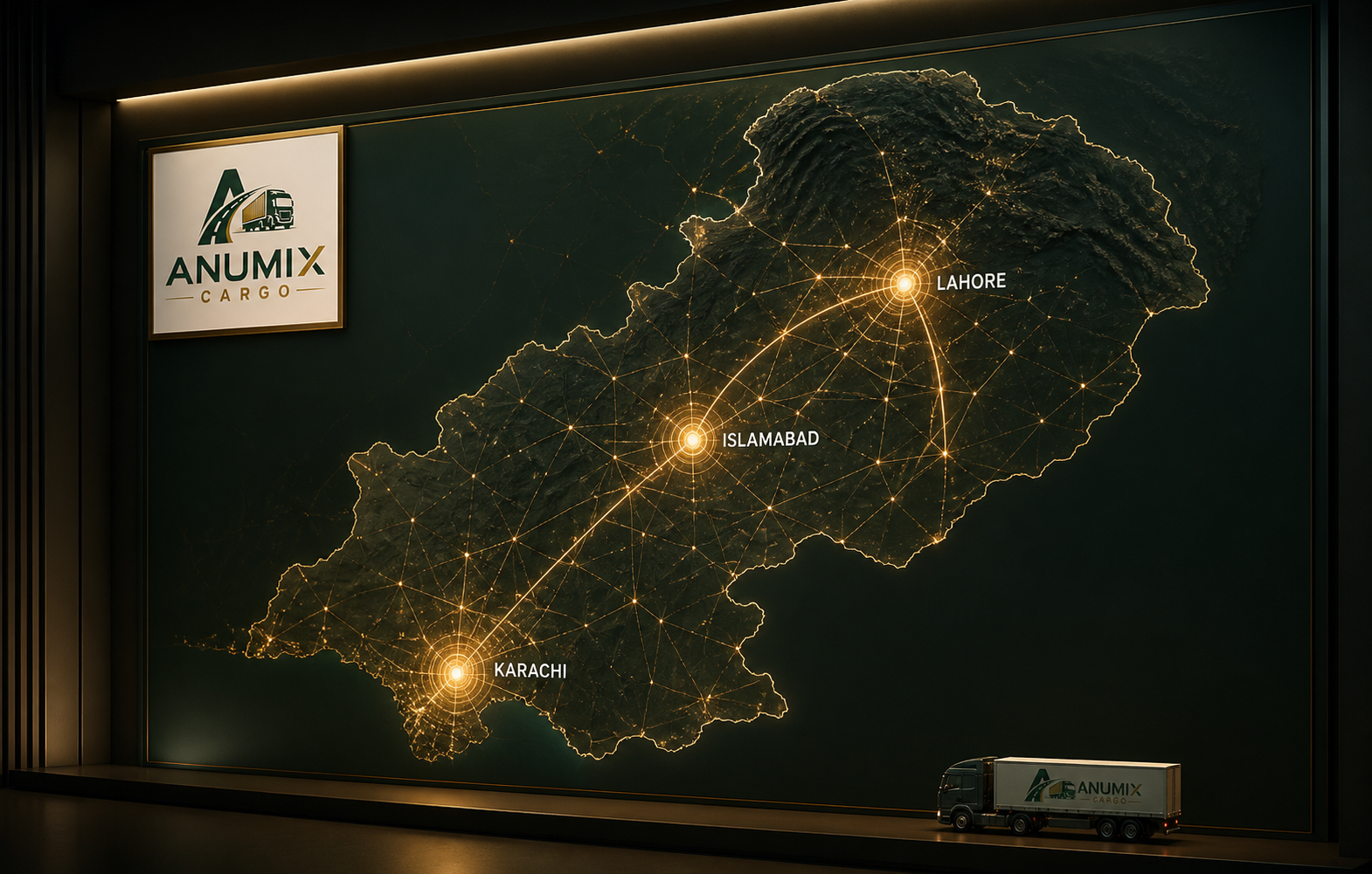 ANUMIX Cargo map showing connected logistics hubs across Pakistan