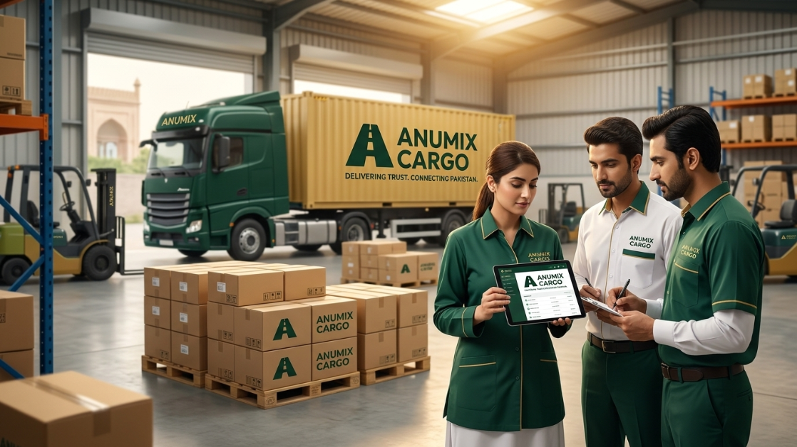 ANUMIX warehouse team verifying cargo with a digital tablet
